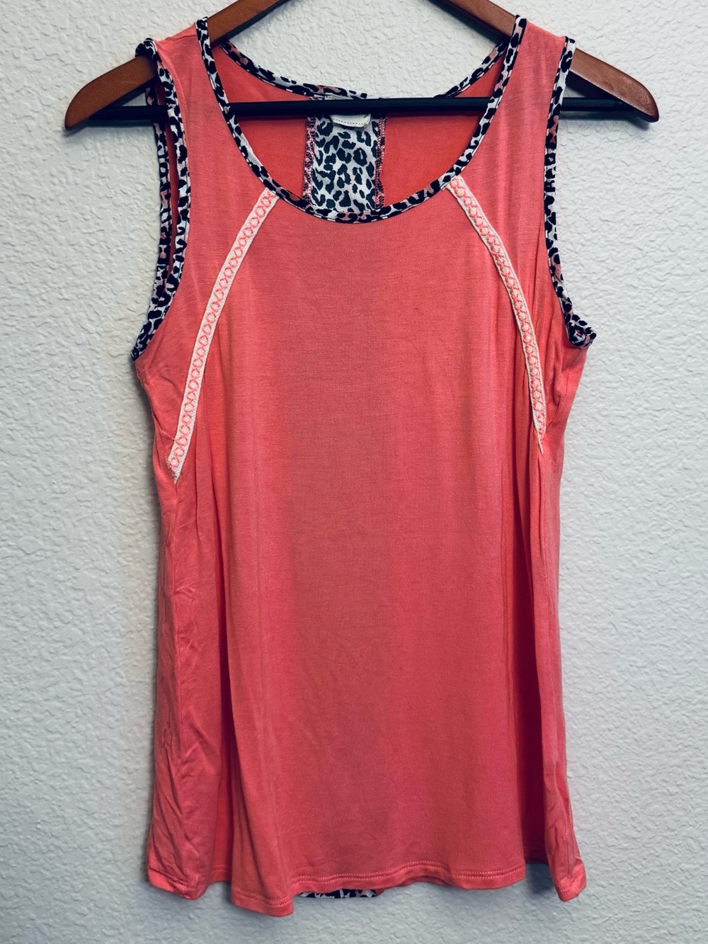 Boho Cheetah Leopard Trim Coral Tank Top S